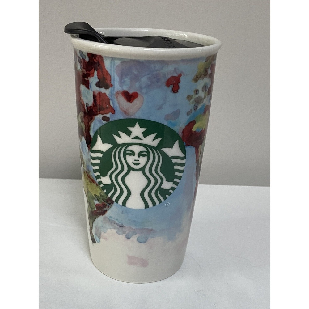 2015 Starbucks Watercolor World Map Mermaid Ceramic Tunbler 12oz Lid